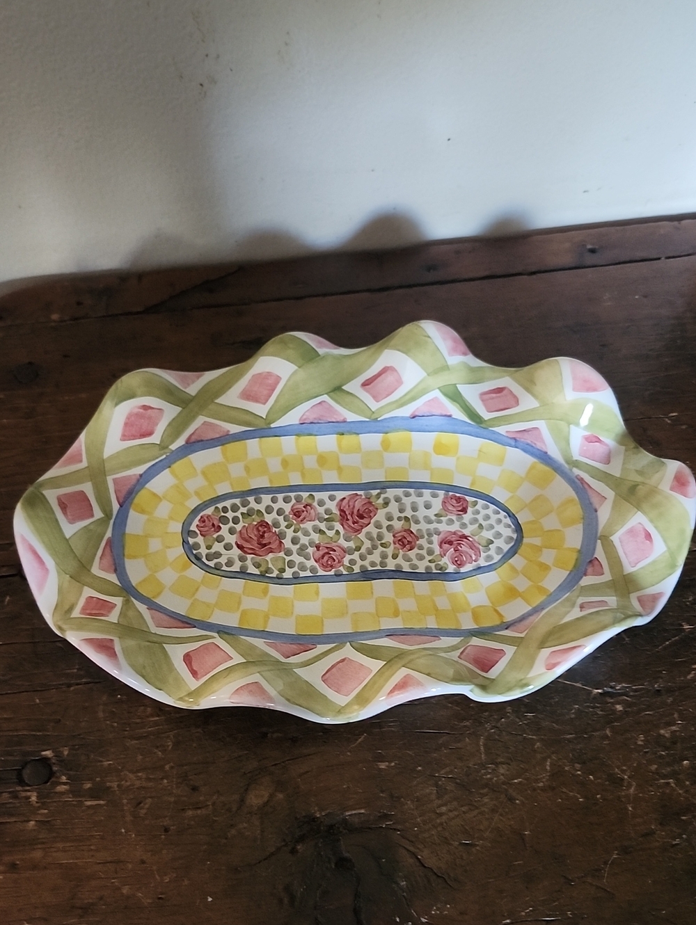 Vtg Mackenzie-Childs Retired Fluted Odd Fellows Ceramic Serving Dish 6x9